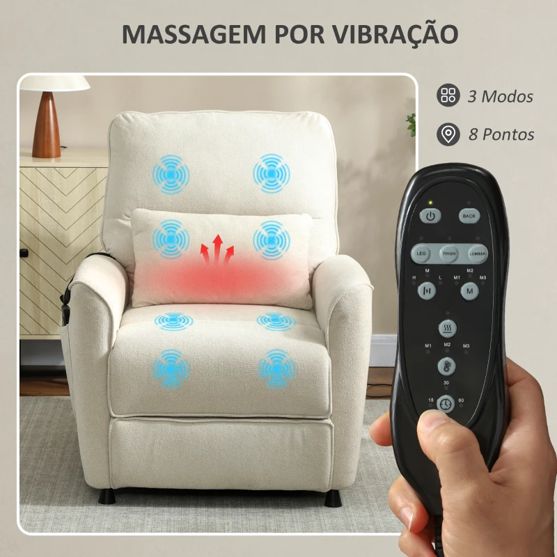 HOMCOM Poltrona Relax com Aquecimento Lombar e Massagem por Vibração Poltrona Reclinável com Função de Memória 88x93x102 cm Creme