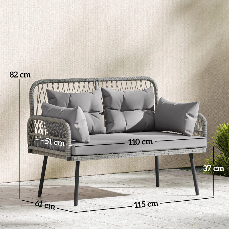 Outsunny Sofá de Jardim com Almofadas e Travesseiros 2 Lugares em Vime Trançado Sofá de Exterior com Apoios de Braço Cinza Escuro