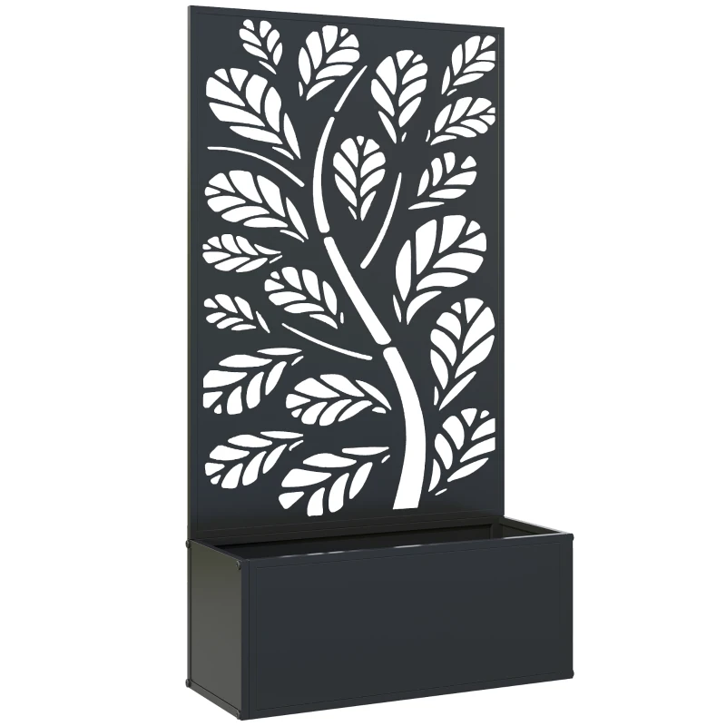 Outsunny Jardinière avec treillis à motif branche et feuille, bac à fleurs, pour plantes grimpantes, métal 61 x 23 x 113 cm noir