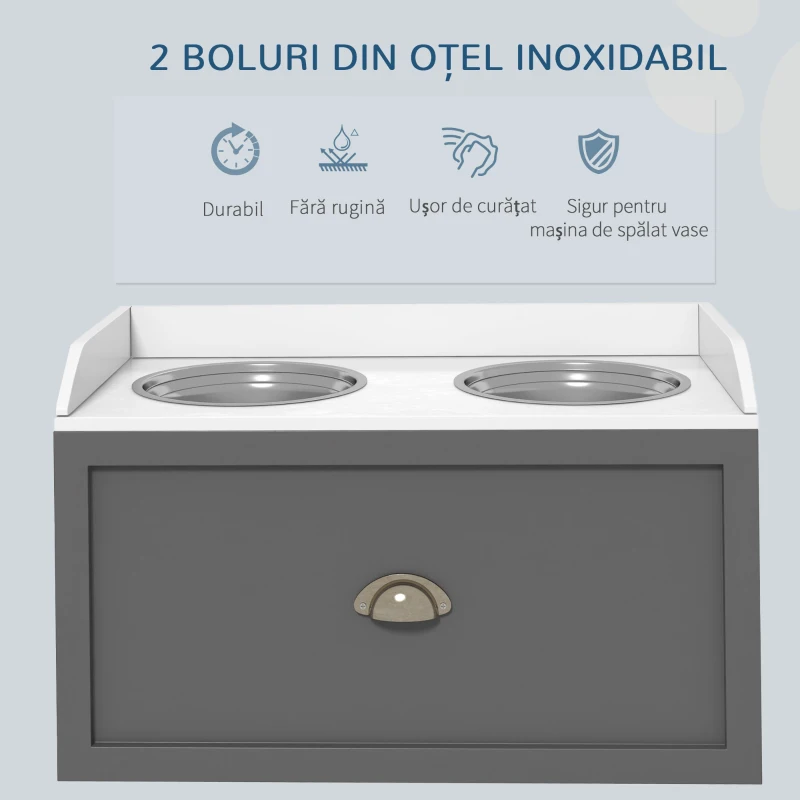PawHut Boluri Înălțate pentru Câini din Oțel Inoxidabil și Lemn cu Sertar, 60x30x36 cm, Gri