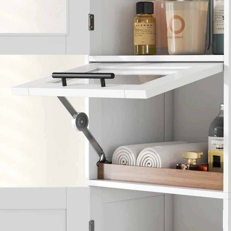 HOMCOM Coluna Casa de Banho com Porta de Vidro Prateleiras Ajustáveis Gaveta para Espaços Pequenos 40x31x170 cm Branco