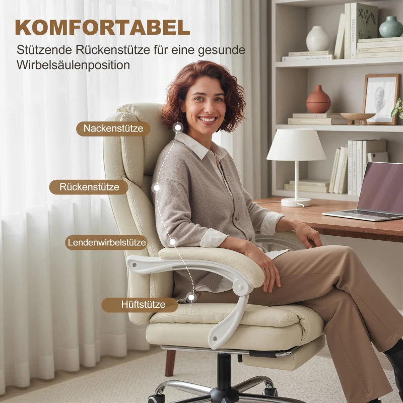 HOMCOM Bureaustoel met ligfunctie, bureaustoel, in hoogte verstelbare draaistoel met voetsteun, 64 x 73 x 120 cm, Beige