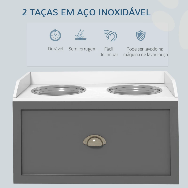 PawHut Comedouro Elevado para Cães com 2 Tigelas 2000ml de Aço Inoxidável Gaveta Oculta com Suporte de Madeira 60x30x36cm Cinza