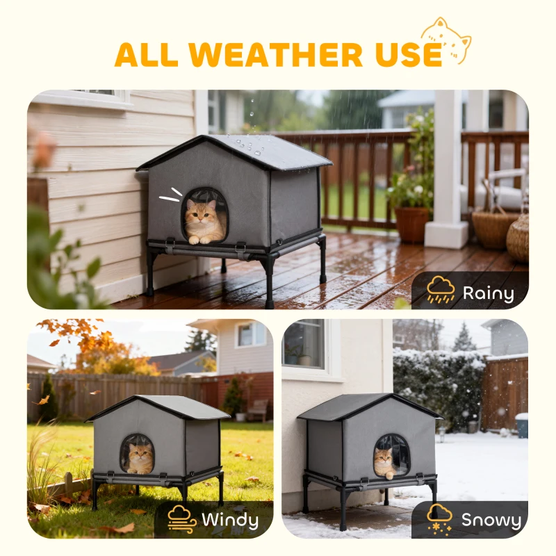 PawHut Outdoor Cat House, Waterproof Insulated Cat Kennel with Elevated Base, Foldable Feral Kitty Shelter for Kittens, Grey