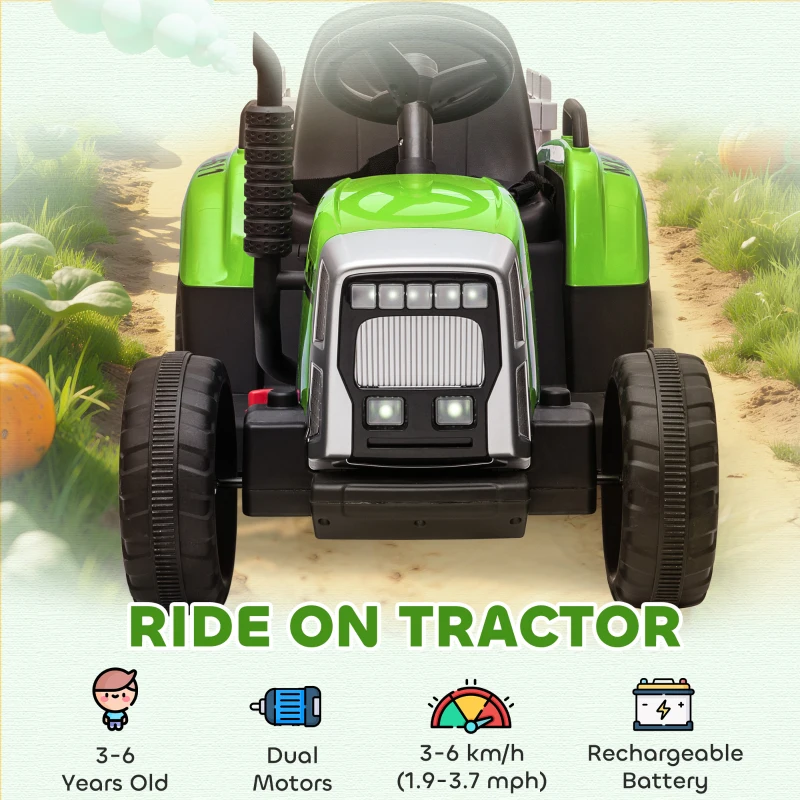 HOMCOM Ride On Tractor, Battery Powered Electric Car, with Detachable Trailer, Remote Control, Music - Green