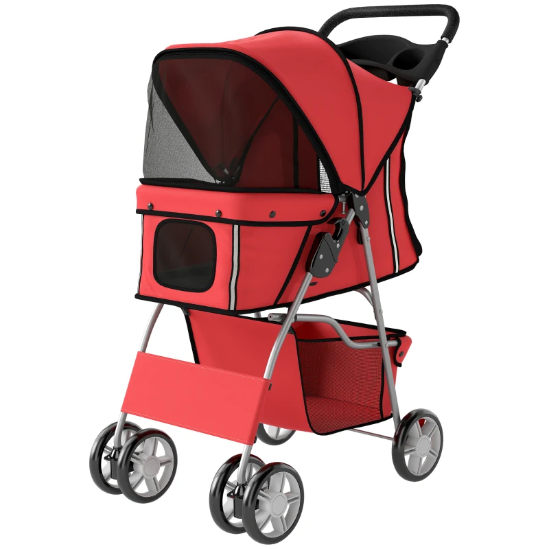 PawHut Carrinho para Cães Dobrável com Fitas Refletoras, Rodas Giratórias, Travões e Almofada Lavável, Vermelho