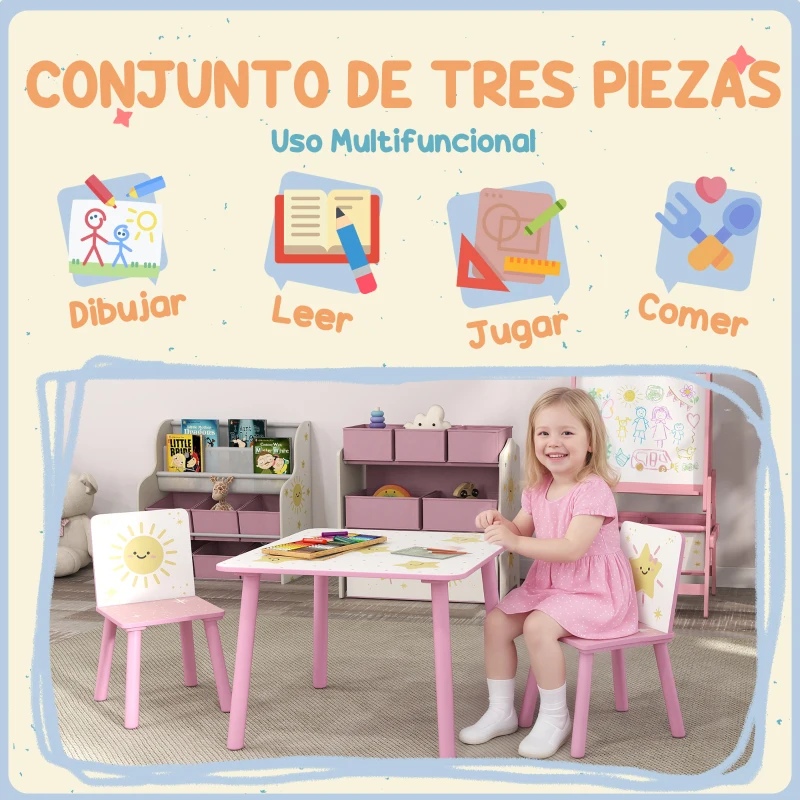 AIYAPLAY Mesa y Sillas Infantiles de 3 Piezas Mesa Infantil con 2 Sillas de Madera de Pino para niños de +3 Años 60x60x44 cm Rosa