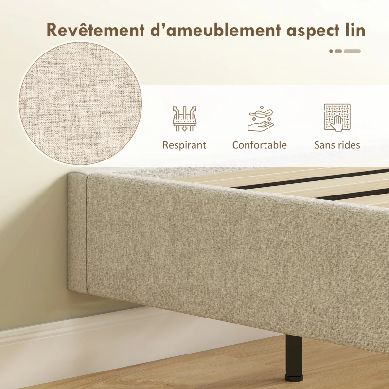 HOMCOM Cadre de lit flottant 140 x 190 cm avec éclairage LED, lit double rembourré en lin, sommier à lattes en bois, beige