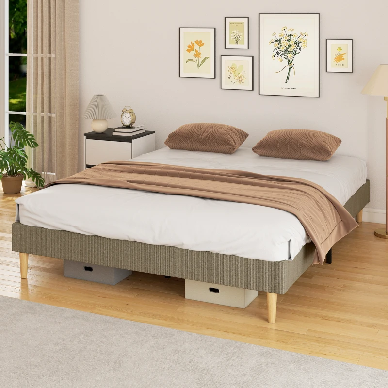 HOMCOM Cadre de lit 160 x 200 cm avec sommier à lattes en bois, lit double rembourré en velours côtelé, gris