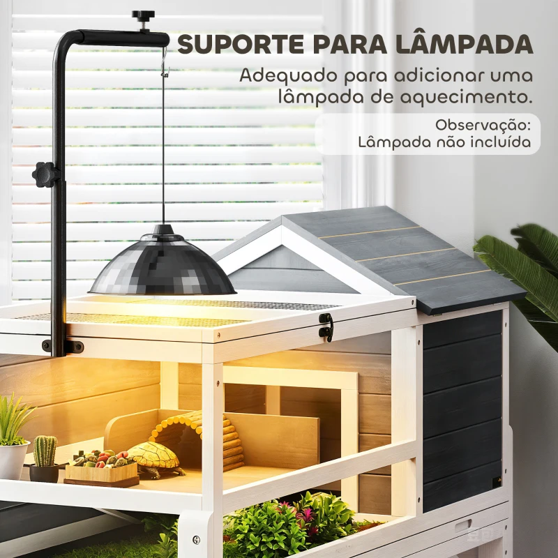 PawHut Casa para Tartarugas de Madeira Terrário para Répteis com Suporte para Lâmpada Ajustável Bandeja Removível 124x55x109 cm Branco e Cinza