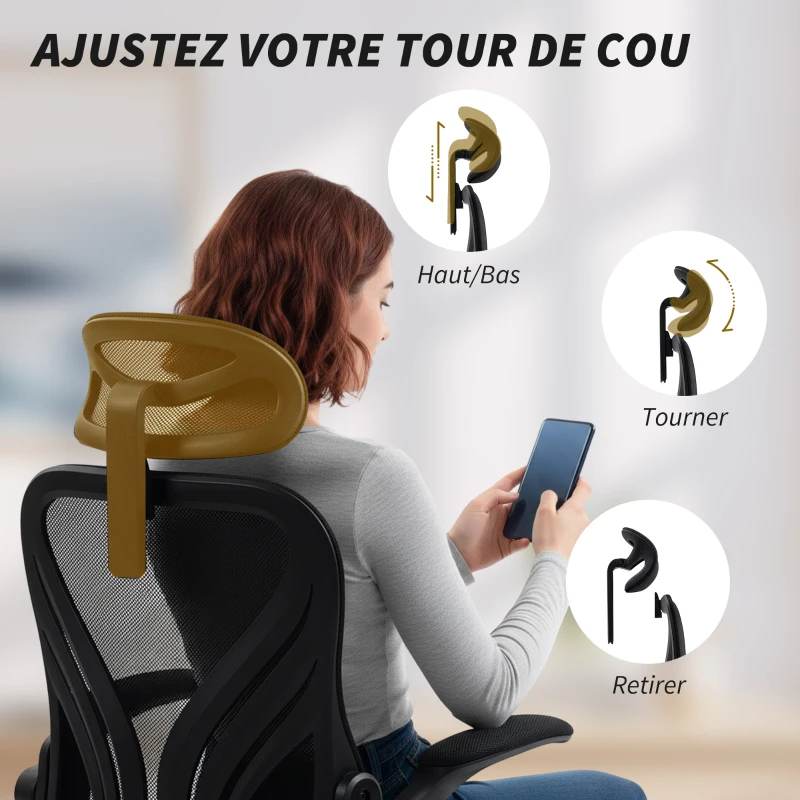 HOMCOM Chaise bureau, fauteuil de bureau en maille, dossier rabattable, appui-tête 2D, accoudoirs relevables, 73x62x136cm, noir