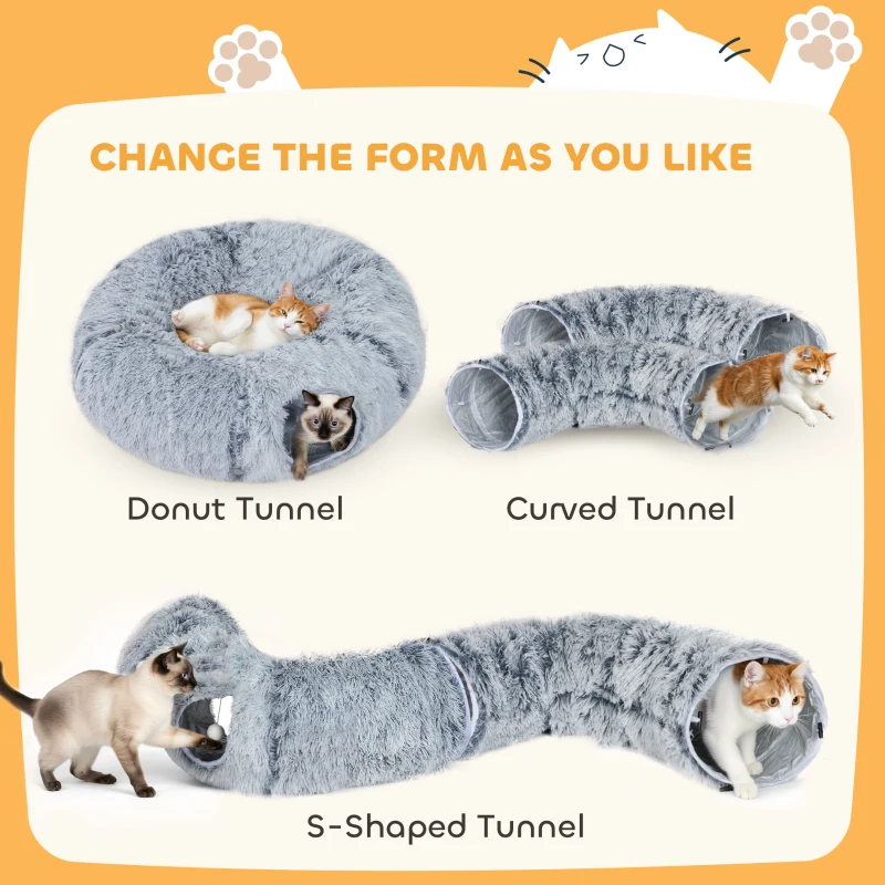 PawHut 2-in-1 Donut Cat Tunnel with Washable Bed, Play Tunnel Bed with Toy Ball and Door Hole for Indoor Cats, Light Grey