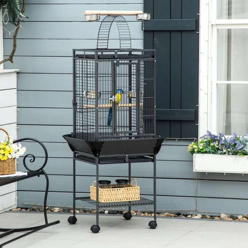 PawHut 156cm Bird Cage,Large Parrot Cage with Open Play Top, Perch, Seed Guard, Wheels, Storage Shelf, Dark Grey