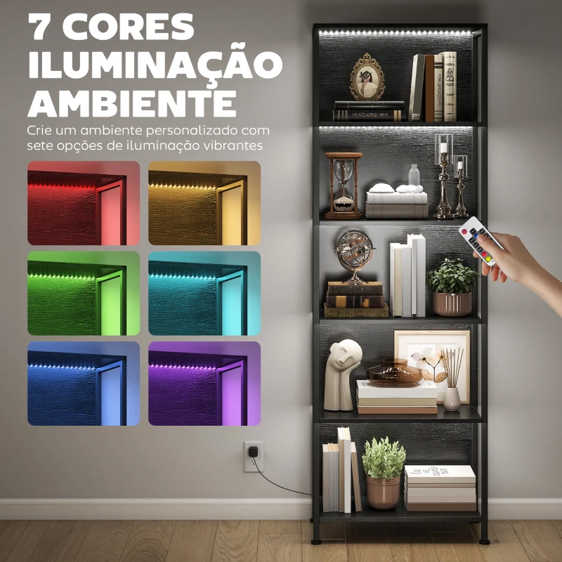 HOMCOM Estante de 5 Níveis com Luzes LED de 7 Cores Estante para Livros Estante de Estilo Industrial 60x30x179 cm Preto