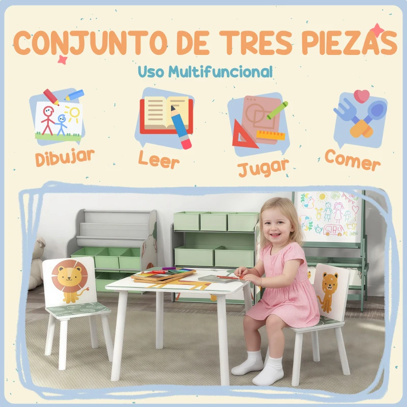 AIYAPLAY Mesa y Sillas Infantiles de 3 Piezas Mesa Infantil con 2 Sillas de Madera de Pino para niños de +3 Años 60x60x44 cm Verde