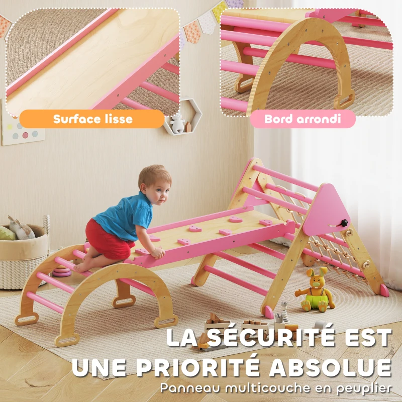 AIYAPLAY Triangle d'escalade enfants 8 en 1 avec rampe double face, arc d'escalade en bois avec toboggan & échelle, rose