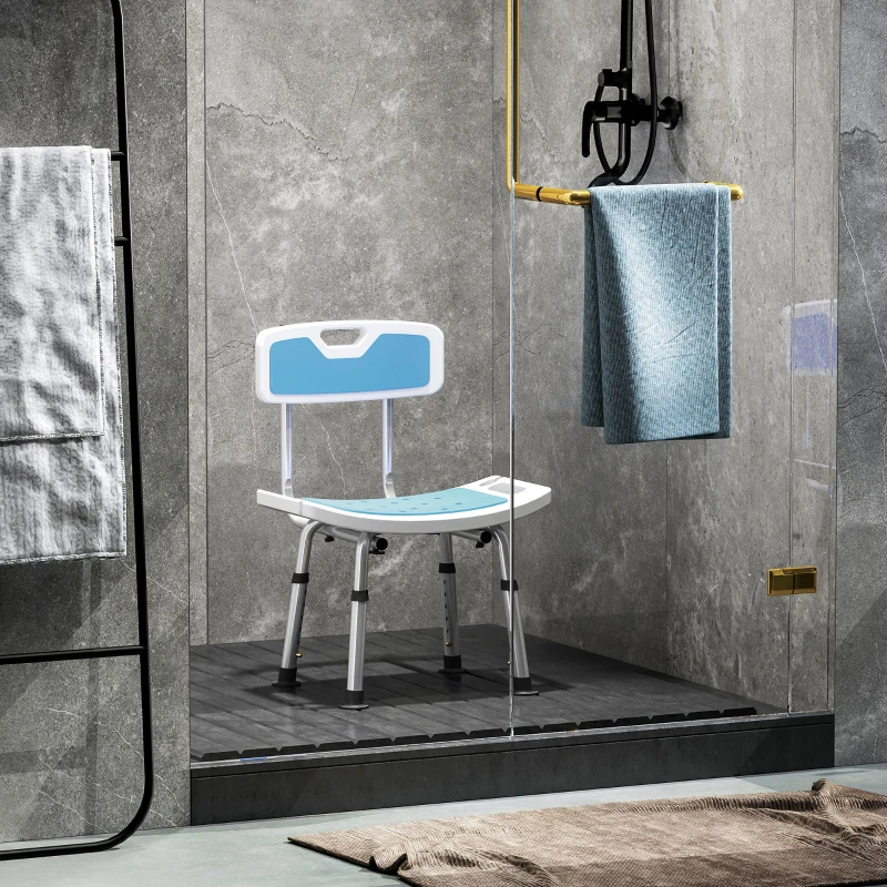 HOMCOM Cadeira de Duche para Idosos com Encosto e Altura Ajustável em 6 Níveis, Carga Máxima de 136 kg Azul Claro e Branco