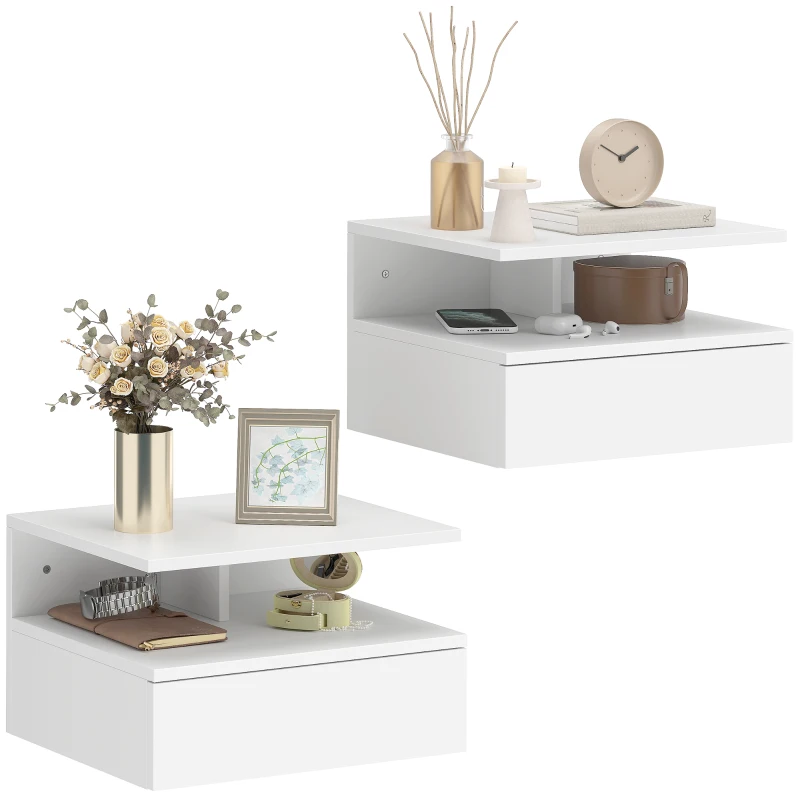 HOMCOM Set of 2 Floating Nightstands with Drawer Wall-Mounted 35x32x22.5 cm White