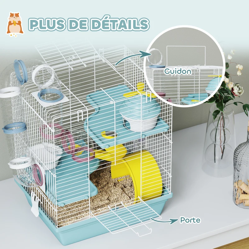 PawHut Cage hamster, cage rongeur à 3 niveaux, avec roue d'exercice, tunnel de jeu, gamelle, cabane, 34,5 x 27,5 x 41 cm, bleu