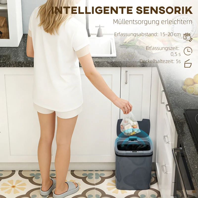 HOMCOM Sensor Mülleimer 15L Automatischer Mülleimer mit zwei Öffnungsmodi, für Büro, Küchen, 27,6 x 21,4 x 33,5 cm, Grau