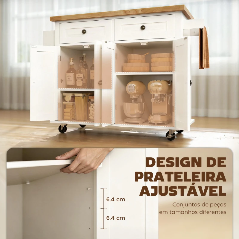HOMCOM Ilha de Cozinha com Rodas 2 Gavetas 4 Portas Suporte para Temperos e Barra Lateral 111x44,5x82,5cm Branco e Madeira
