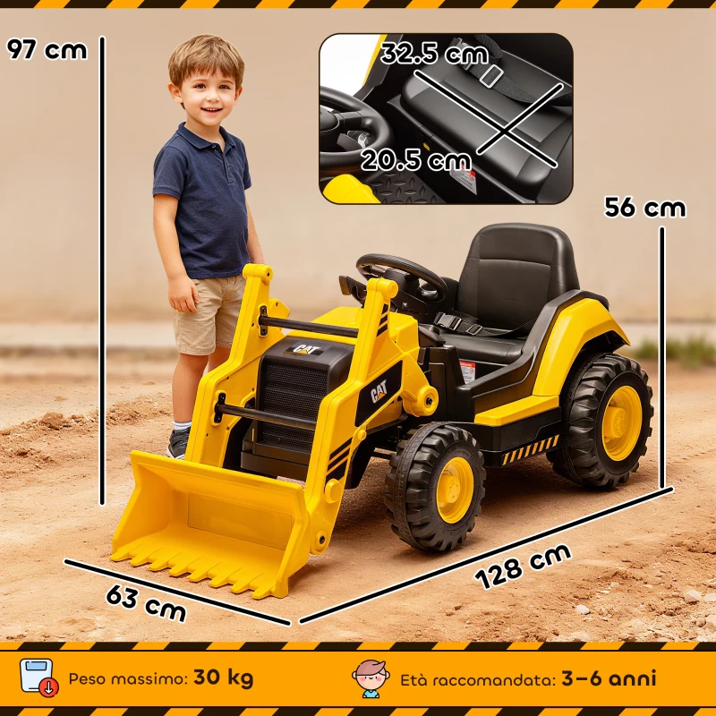 AIYAPLAY Ruspa Elettrica per Bambini 3-6 Anni Marchio Ufficiale Caterpillar 12V con Telecomando, Giallo