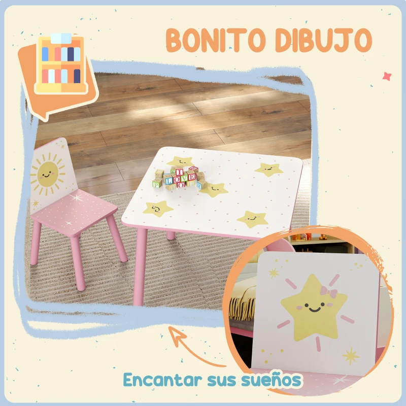 AIYAPLAY Mesa y Sillas Infantiles de 3 Piezas Mesa Infantil con 2 Sillas de Madera de Pino para niños de +3 Años 60x60x44 cm Rosa