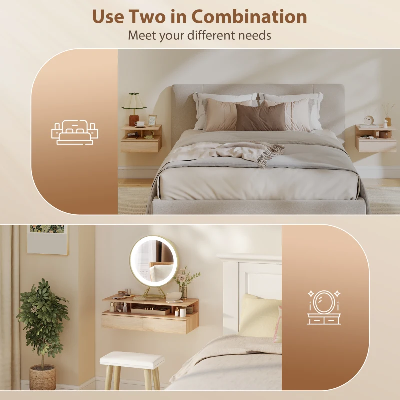 HOMCOM Set of Two Floating Bedside Tables - Oak Tone