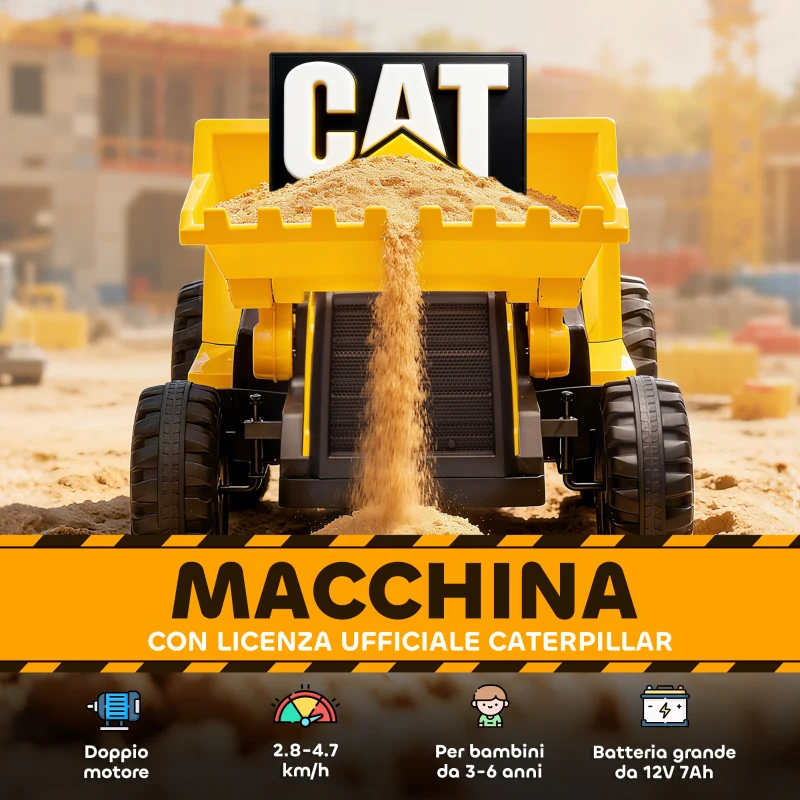 AIYAPLAY Ruspa Elettrica per Bambini 3-6 Anni Marchio Ufficiale Caterpillar 12V con Telecomando, Giallo