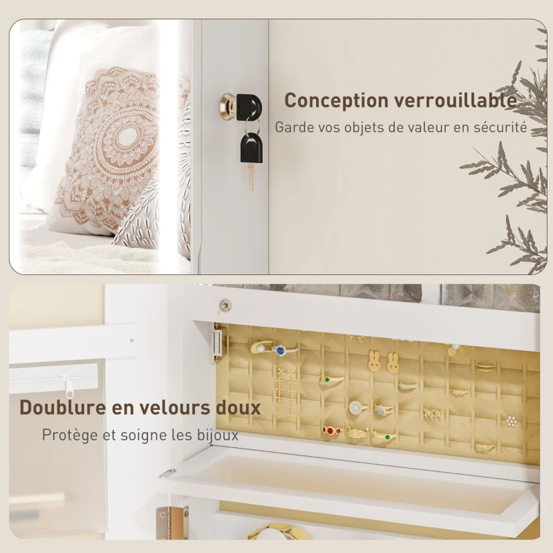 HOMCOM Armoire à bijoux avec LED, organisateur de bijoux mural/de porte verrouillable avec miroir, 37 x 10,5 x 108 cm, blanc