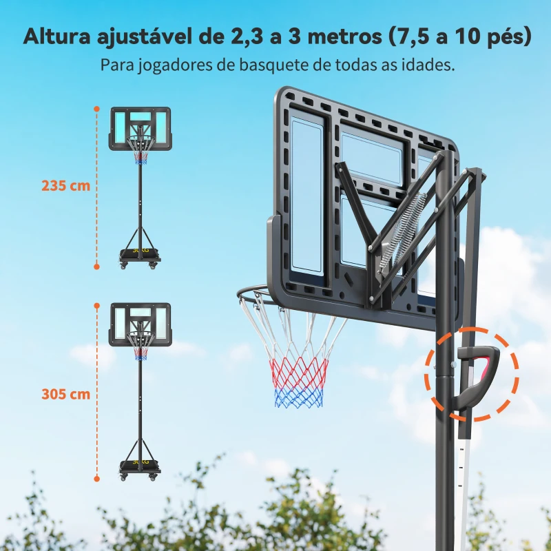 SPORTNOW tabela de Basquetebol para Exterior com Altura Ajustável 235-305 cm Saco de Peso e Rodas Preto