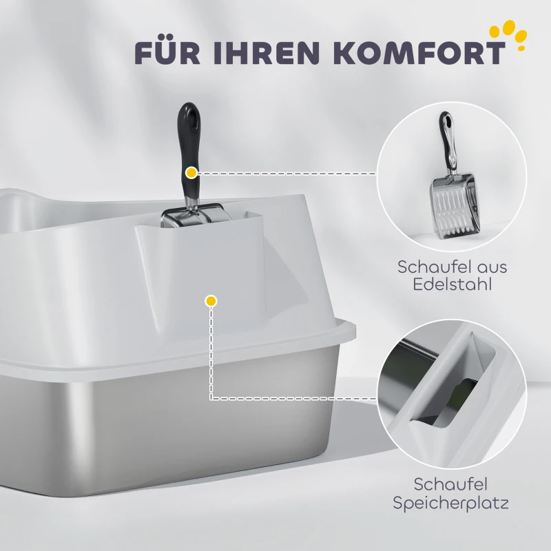 PawHut Kattenbak RVS open kattenbak met schep hoge rand voor grote katten tot 7 kg, 60,2 x 40,2 x 29,7 cm, Grijs