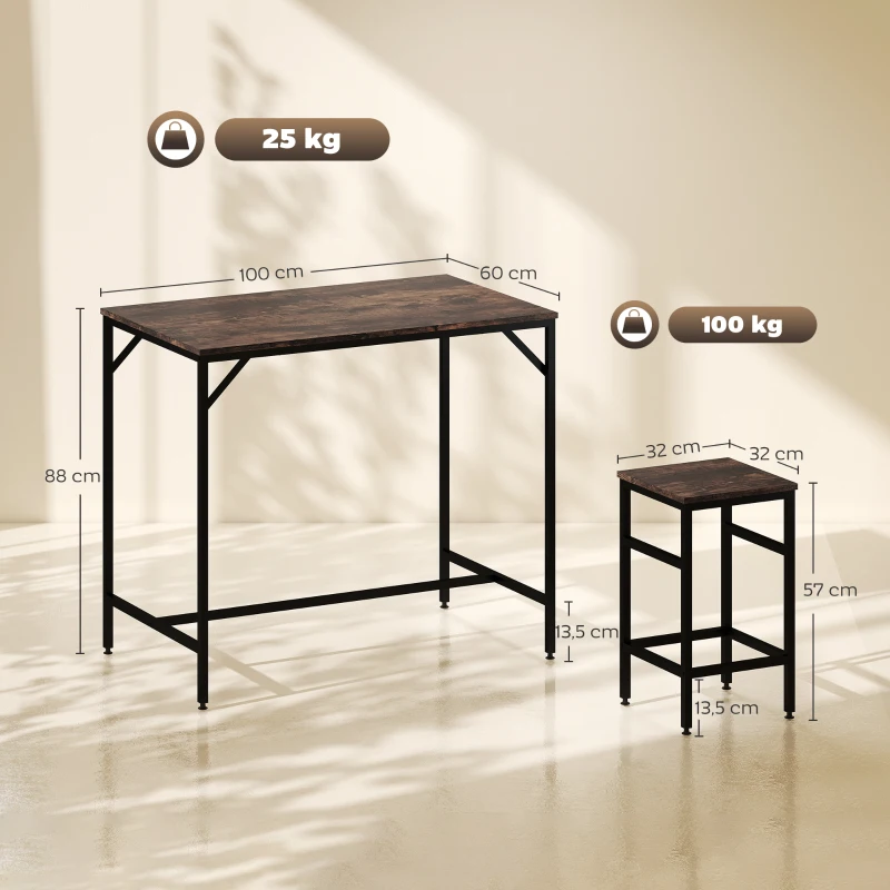 HOMCOM Conjunto de Mesa de Bar com 4 Bancos com Apoio para os Pés Mesa de 100x60x88cm e Bancos de 32x32x57cm Preto e Nogueira