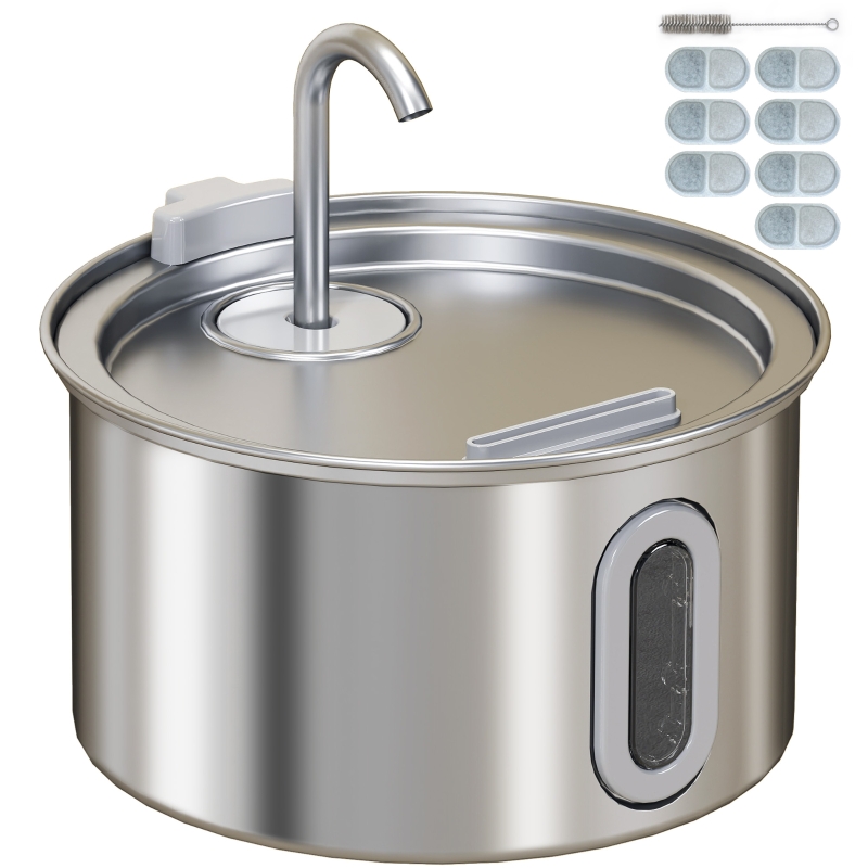 Fontanella Per Gatti PawHut 2.5L – Acciaio Inox 304, 2 Modalità Di Flusso, Luce LED E Filtro, Silenziosa (35dB)