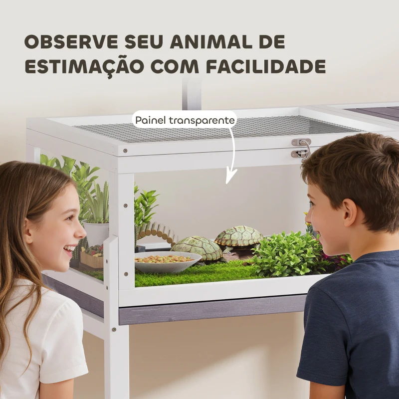 PawHut Casa para Tartarugas em Madeira Terrário para Répteis com 2 Tetos Articulados Bandeja Removível Suporte para Lâmpada 104x53x82 cm Branco e Cinza