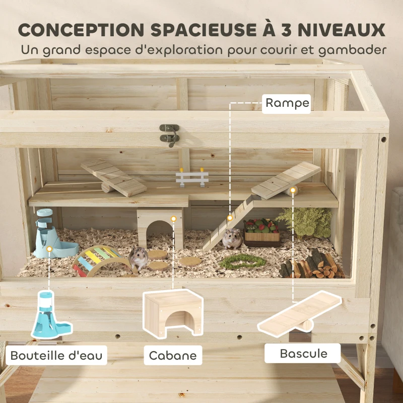 PawHut Cage hamster en bois, cage rongeur à 2 niveaux, étagère de rangement, couvercle ouvrant, 84 x 53 x 110 cm, bois naturel