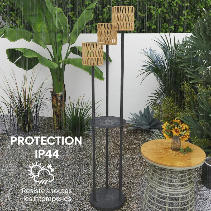 Outsunny Luminária solar exterior em resina trançada, poste de 3 luzes com sensor e prateleira, Ø37 x 144 cm, amarelo