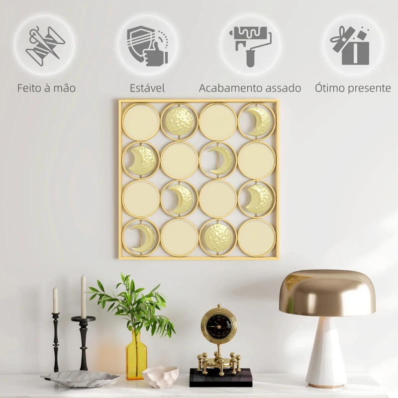 HOMCOM Decoração de Parede Metálica de Fases Lunares com 16 Discos para Sala Quarto Corredor 67,9x67,9 Dourado