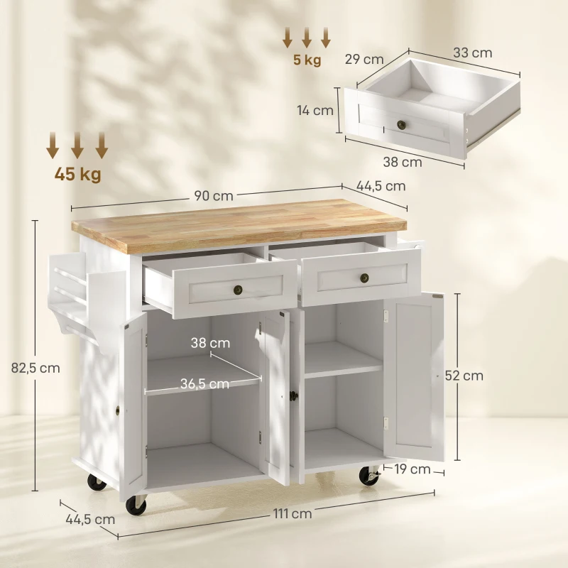 HOMCOM Isla de Cocina con Ruedas Mueble Auxiliar de Cocina con Especiero y Barra Lateral 111x44,5x82,5 cm Blanco