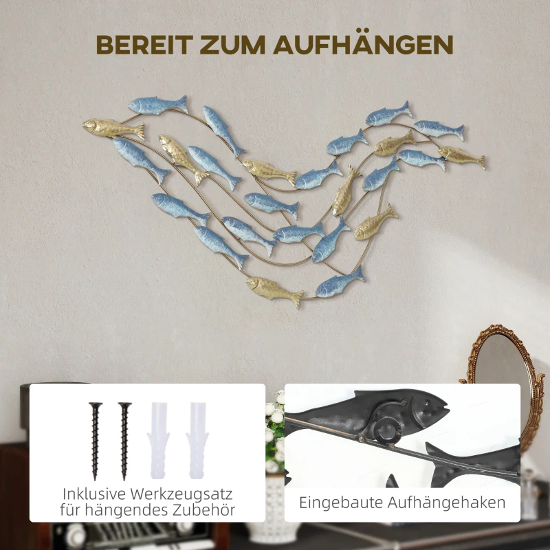 HOMCOM Wandkunst aus Metall, Fischdesign, rostbeständig, moderner Stil, elegant, Hellblau