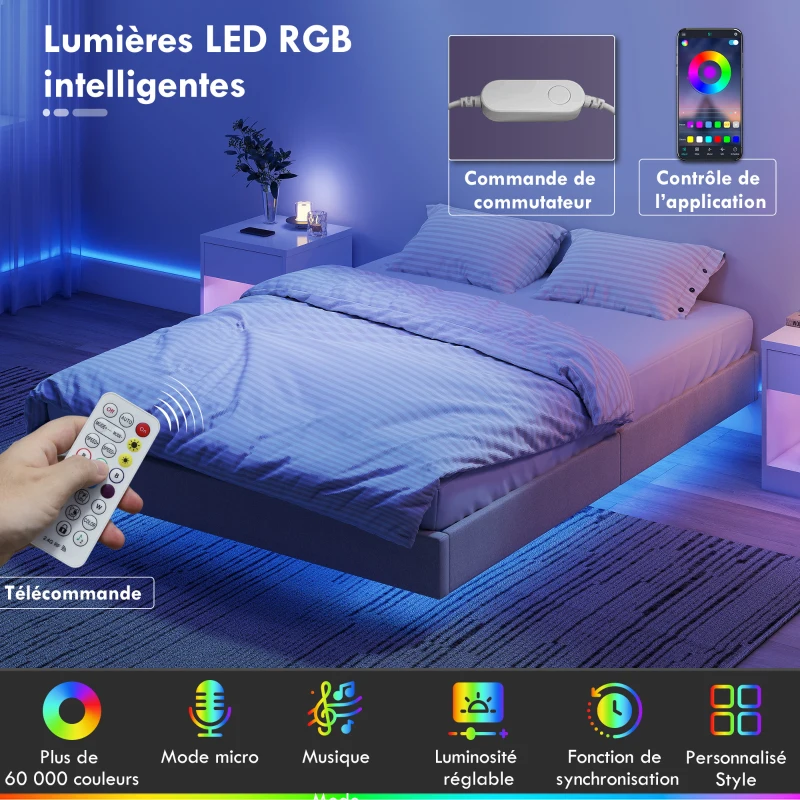 HOMCOM Cadre de lit flottant 140 x 190 cm avec éclairage LED, lit double rembourré en lin, sommier à lattes en bois, beige