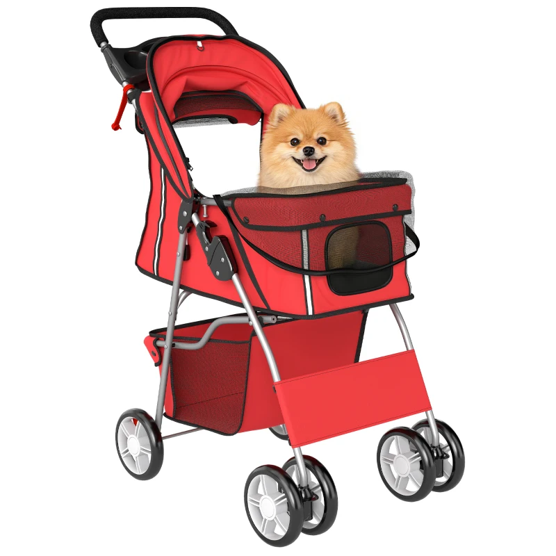 PawHut Carrinho para Cães Dobrável com Fitas Refletoras, Rodas Giratórias, Travões e Almofada Lavável, Vermelho