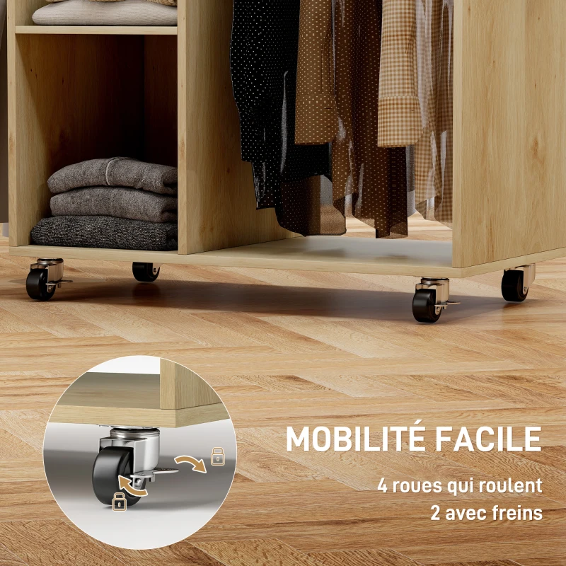 HOMCOM Armoire à repasser en bois table à repasser avec roulettes barre de suspension étagère 125 x 43,5 x 102,5 cm bois naturel