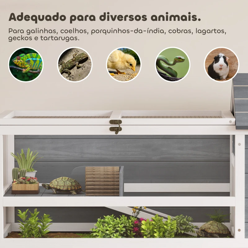 PawHut Casa para Tartarugas de Madeira Terrário para Répteis com Suporte para Lâmpada Ajustável Bandeja Removível 124x55x109 cm Branco e Cinza