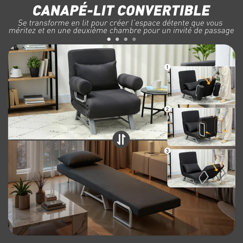 HOMCOM Fauteuil chauffeuse canapé-lit Convertible inclinable 1 Place Coussin lombaires accoudoirs piètement métal Lin Noir