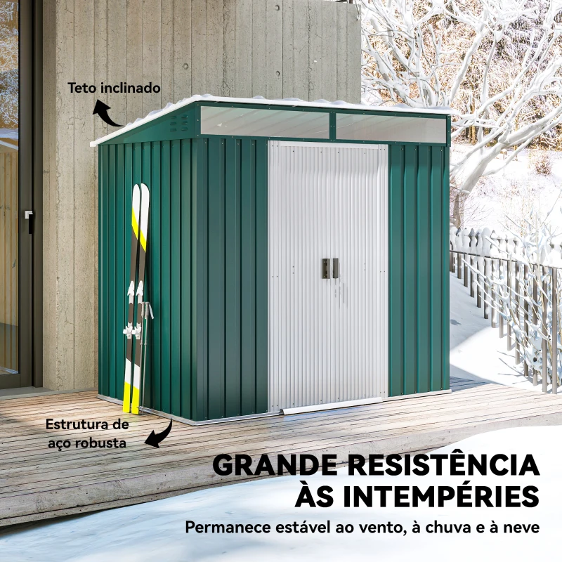 Outsunny Abrigo de Jardim 2 m² 195x122x181,5 cm Abrigo de Armazenamento Metálico com Porta de Correr e 2 Janelas Verde
