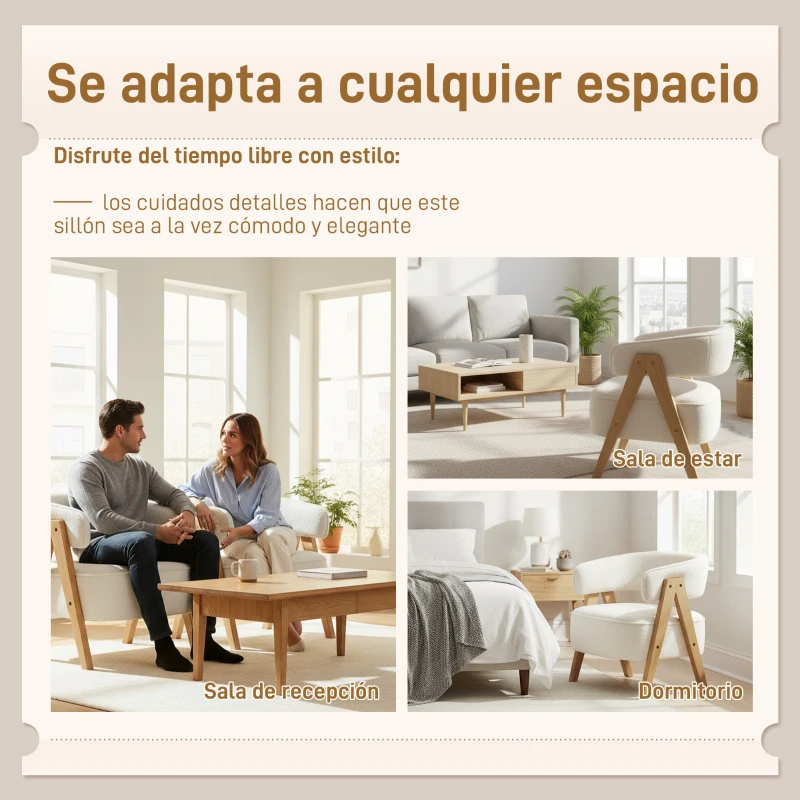 HOMCOM Butaca de Salón Tapizada en Borreguito Acolchada Gruesa Patas de Madera Respaldo Curvado 70x64x71 cm Blanco