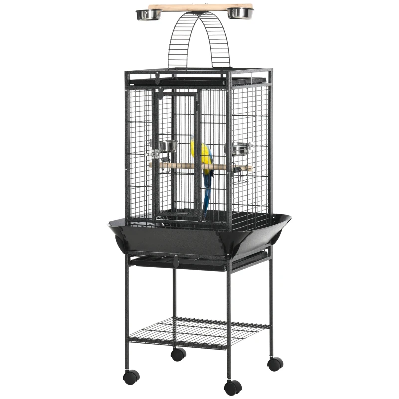 PawHut 156cm Bird Cage,Large Parrot Cage with Open Play Top, Perch, Seed Guard, Wheels, Storage Shelf, Dark Grey
