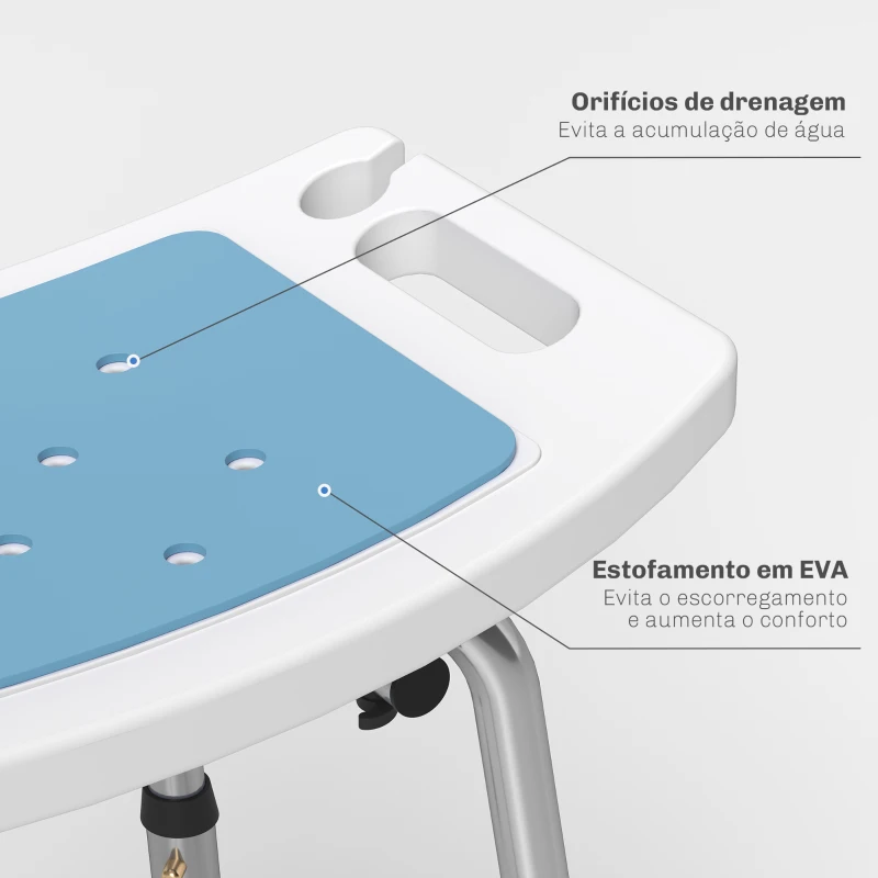 HOMCOM Cadeira de Duche para Idosos com Encosto e Altura Ajustável em 6 Níveis, Carga Máxima de 136 kg Azul Claro e Branco