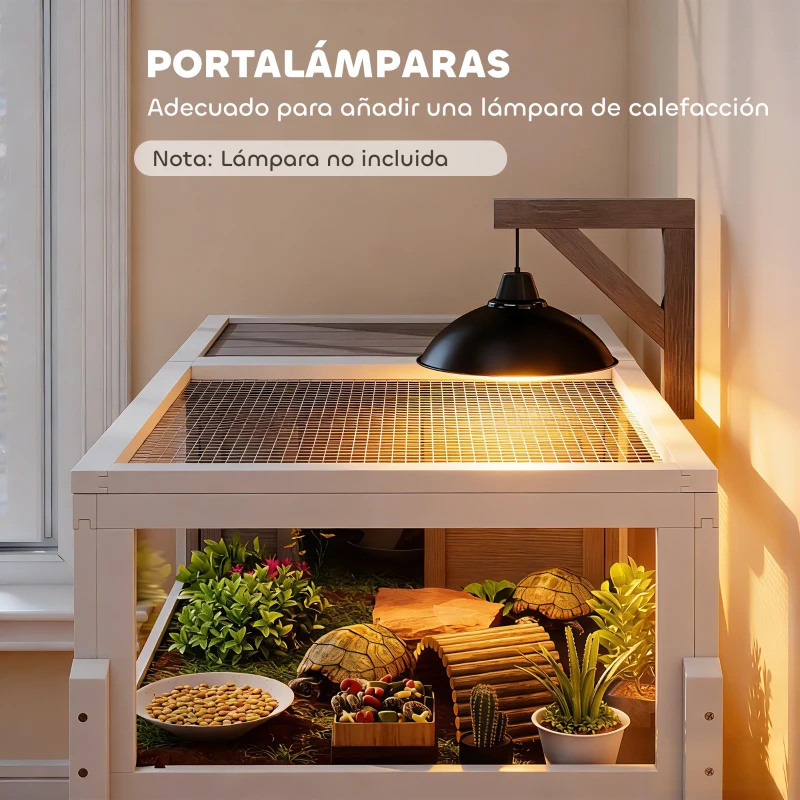 PawHut Casa para Tortugas de Madera con Techo de Malla Bandeja Extraíble y Soporte para Lámpara 104x53x82 cm Gris y Blanco